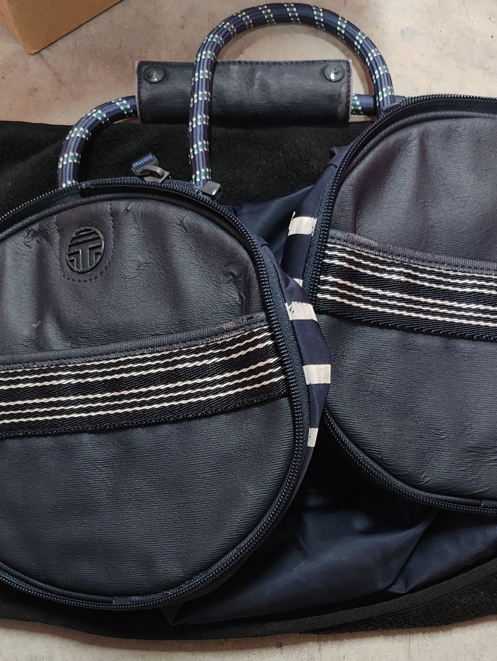 Tory Sport Navy Round Dual-Pocket Duffel with Striped Trim